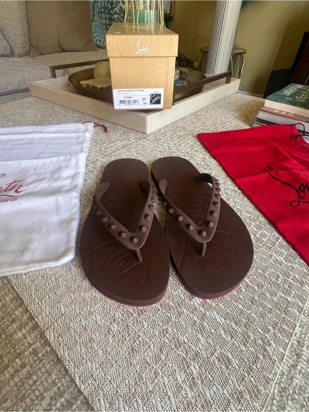 Christian Louboutin Loubi Donna Brown Studded Flip Flop Sandals-Size 37 - Picture 2 of 10